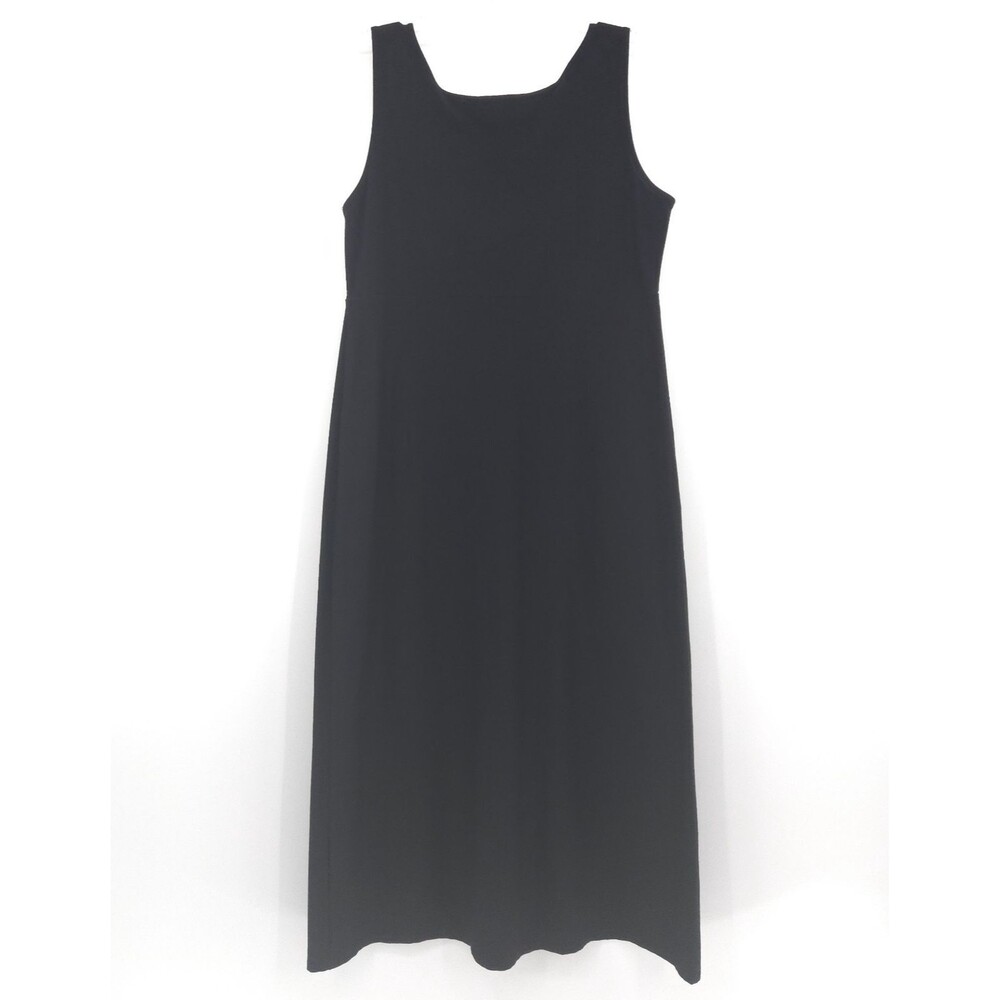 Eileen Fisher Black Crepe midi Dress Size M empire faux wrap sleeveless stretch - Picture 7 of 8